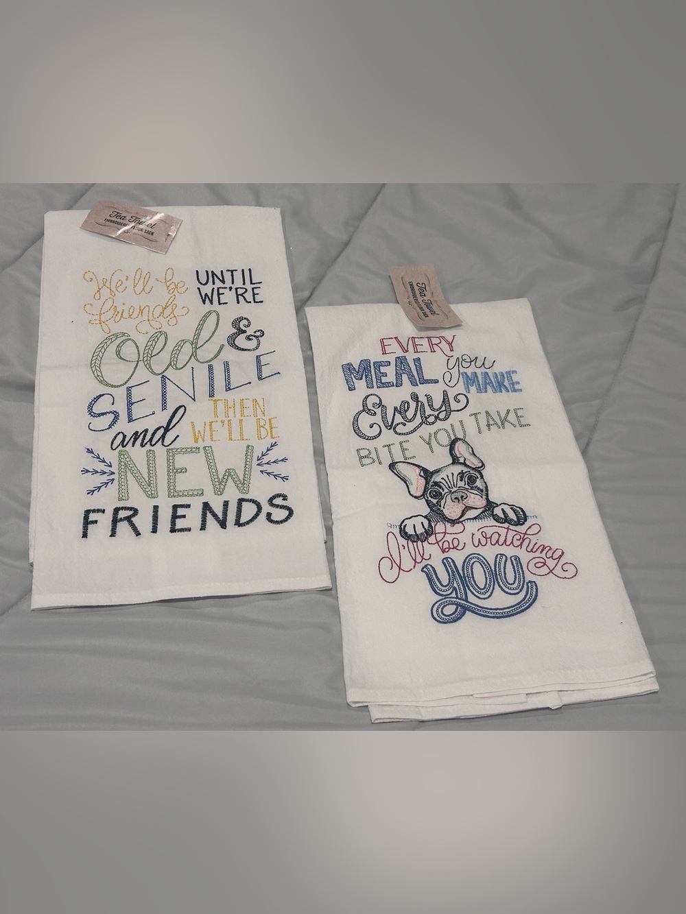 2 Embroidered Kitchen Towels - White with Multicolor Design NEW WITH TAGS